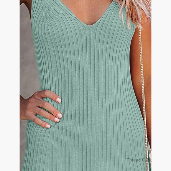Midi Dress V-Neck Sleeveless Ribbed Knit Bodycon Casual Summer Beach - Picture 5 of 7